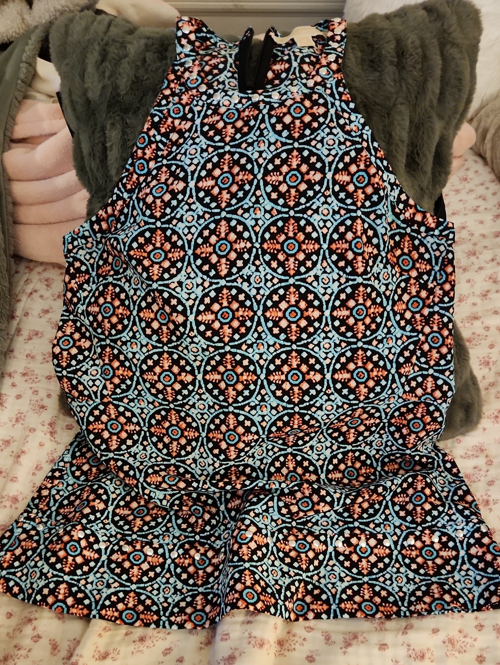 MICHAEL Michael Kors Black Tank with Blue & Coral Medallion Print